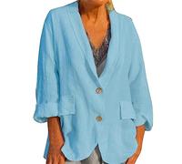 ORANDESIGNE Damen Blazer Baumwolle Leinen Freizeit Blazer Casual Leichtes Jacke Elegant Lang Basic Anzugjacke Cardigan Knöpfen Vintage Strand Damenjacke A Blau XL