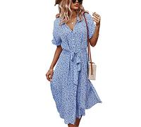 ORANDESIGNE Damen Blumen Sommerkleid Knopf Kurzarm V-Ausschnitt Lose Knielang Kleid High Waist Midi-Hemdkleid Strandkleider Polka Dots Knopfkleid I Blau M