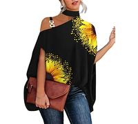 ORANDESIGNE Damen Bluse Neckholder Lässige Schulterfreie Halben Fledermausärmeln Elegante Sommer Frauen Blusen Mode Stehkragen Druck Loses Süßes Hemdumhang B Schwarz 03 M