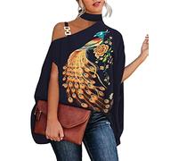 ORANDESIGNE Damen Bluse Neckholder Lässige Schulterfreie Halben Fledermausärmeln Elegante Sommer Frauen Blusen Mode Stehkragen Druck Loses Süßes Hemdumhang B Navy Blau 01 M