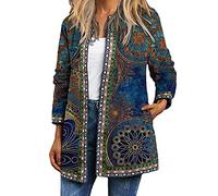 ORANDESIGNE Damen Bohemien Jacke Jahrgang Blumenmuster Patchwork Übergröße Jacken Langarm Retro Ethnischer Druck Strickjacke Mantel mit Tasche M Blau S