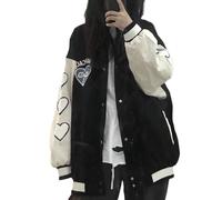 ORANDESIGNE Damen Bomberjacke College Oversized Patchwork Bedruckte 90S Vintage Racing Sweat Jacket Baseball Mantel Mädchen Frühling Herbst Übergangsjacke I Schwarz M