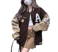 ORANDESIGNE Damen Bomberjacke College Oversized Patchwork Bedruckte 90S Vintage Racing Sweat Jacket Baseball Mantel Mädchen Frühling Herbst Übergangsjacke L Braun S