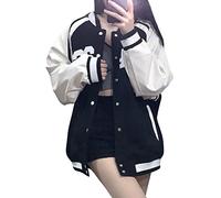 ORANDESIGNE Damen Bomberjacke College Oversized Patchwork Bedruckte Jacke 90S Vintage Racing Jacke Sweat Jacket Baseball Mantel Sweatjacke H Schwarz M