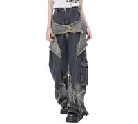 ORANDESIGNE Damen Cargohose Baggy Low Waist Cargo Jeans Gerade Breites Bein Denim Hosen Y2k Aesthetic Vintage Jeanshosen 90er Streetwear Jeanshose Straight Leg Pants Loose Fit Boyfriend Pants G Blau M