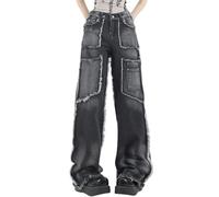 ORANDESIGNE Damen Cargohose Baggy Low Waist Cargo Jeans Gerade Breites Bein Denim Hosen Y2k Aesthetic Vintage Jeanshosen 90er Streetwear Straight Leg Pants Loose Fit Boyfriend Pants L K Dunkelgrau