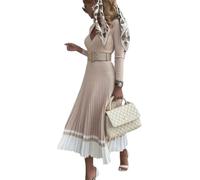 ORANDESIGNE Damen Cocktail Festlich Hochzeit Party Kleid Langarm V-Ausschnitt Herbst Winter Pullover Strickkleid Sweatkleid Elegant Midi Plissee Abendkleid B Khaki XS