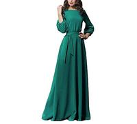 ORANDESIGNE Damen Cocktail- und Abendkleid - Elegantes Vintage Langes Maxikleid Mit Gürtel - Einfarbig, Lange Ärmel, Rundhals, Laternenärmeln, Swing, Plissiert - A Grün 36