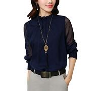 ORANDESIGNE Damen Elegant Blusen Chiffonbluse Rundhals Einfarbig Langarmshirts Mesh-Oberteile Transparent Tunika Tops Blau 36