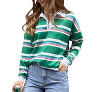 ORANDESIGNE Damen Gestreiftes Poloshirt Langarm Stripe Knopfleiste Polo-Sweatshirt Regular Fit Langarm überschnittene Schultern Oberteile E Grün M