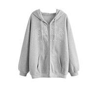 ORANDESIGNE Damen Grafikdruck Hoodie Jacke Teenager Mädchen Oversize Vintage Reißverschluss Kapuzenjacke Zip Up Kapuzenpullover Sweatshirt mit Kapuze 90er Y2K E-Girl Übergangsjacke K Grau XL