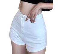 ORANDESIGNE Damen Hohe Taille Denim Shorts Sexy Gothic Punk Tanz Shorts Metallschnalle Kurze Hose N Weiß M
