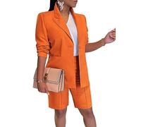 ORANDESIGNE Damen Hosenanzug Anzug 2-teilig Blazer und 1/2 Hose Elegant Business Outfit Anzug Shorts Zweiteiler Set Festlich Hosenanzüge Streetwear Damenanzug Buisnesskleidung A Orange L