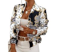 ORANDESIGNE Damen Jacke Casual Bomberjacke Langarm Bikerjacke Rundhalsausschnitt Blumendruck Reißverschluss Outwear Herbst Frühling Übergangsjacke G Weiß XL