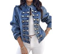 ORANDESIGNE Damen Jeansjacke Militär-Stil Stehkragen Kurze Denim-Jacke mit Stehkragen Zweireihig Lässiger Langarmmantel Steampunk Napoleon Jacke A Blau XL