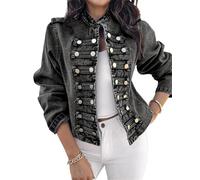 ORANDESIGNE Damen Jeansjacke Militär-Stil Stehkragen Kurze Denim-Jacke mit Stehkragen Zweireihig Lässiger Langarmmantel Steampunk Napoleon Jacke A Schwarz XXL