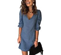 ORANDESIGNE Damen Jeanskleid V-Ausschnitt 3/4 Ärmel Jeans Kleider Einfarbig A-Linie Kleid Mini Denimkleid Partykleid Strandkleider A Dunkelblau 3XL