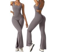 ORANDESIGNE Damen Jumpsuit Gerippte Ärmellos Flared Lang Eng Tank Rückenfreie Padded Einteiler Bauchweg Sport Yoga Overall Romper Bootcut Onepiece Bodycon Gym Workout Sport Overalls B Grau L