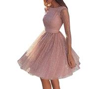 ORANDESIGNE Damen Kleid Abendkleid Langarm Cocktailkleid Knielang Elegant Festlich Partykleid A-Linie Swing Kleider Mini Dress Rosa 38