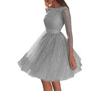 ORANDESIGNE Damen Kleid Abendkleid Langarm Cocktailkleid Knielang Elegant Festlich Partykleid A-Linie Mini Dress Swing Kleider Grau 36