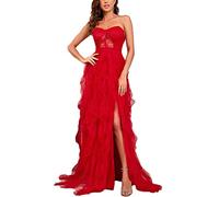 ORANDESIGNE Damen Kleider Spitzenkleid Cocktailkleid Festliches Ballkleid Elegant Partykleid Schulterfrei Bodenlang Brautjungfernkleider für Hochzeit Abendkleider A Rot M