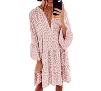 ORANDESIGNE Damen Kleider Strand Elegant Casual A-Linie Kleid 3/4-Arm Sommerkleider Boho V-Ausschnitt Tunika Mini Kleider C Rosa XL