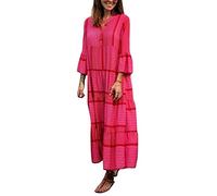 ORANDESIGNE Damen Kleider Strand Elegant Casual A-Linie Kleid 3/4-Arm Sommerkleider Boho V-Ausschnitt Tunika Maxikleid Strandkleid Lang C Rot L