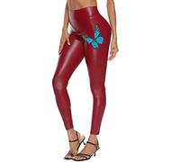 ORANDESIGNE Damen Kunstleder Leggings Hüft Lift High Waist Leggings Hose Strumpfhosen Treggings Leggins Kunstleder Leggings Leder Look hüfthoch C Rot M