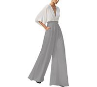 ORANDESIGNE Damen Kurzarm V-Ausschnitt Elegant Lang Jumpsuit Overall mit Gürtel Hosenanzug Playsuit Romper Schulterausschnitt Hose mit weitem Bein C Grau M