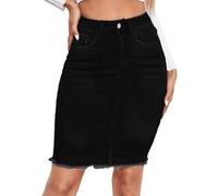 ORANDESIGNE Damen Lässiger Jeansrock Hohe Taille Unbearbeiteter Saum Midi Denim Röcke mit Taschen Figurbetonung Bleistiftrock Knielange Jeansröcke A Schwarz M