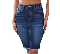 ORANDESIGNE Damen Lässiger Jeansrock Hohe Taille Unbearbeiteter Saum Midi Denim Röcke mit Taschen Figurbetonung Bleistiftrock Knielange Jeansröcke A Dunkelblau XL