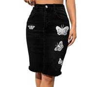 ORANDESIGNE Damen Lässiger Jeansrock Hohe Taille Unbearbeiteter Saum Midi Denim Röcke mit Taschen Figurbetonung Bleistiftrock Knielange Jeansröcke B Schwarz XXL