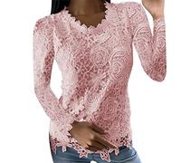 ORANDESIGNE Damen Langarm Spitze Top Bluse Shirt Leichtes Transparente Spitzenbluse Rundhals Tüll Mesh Bluse Durchsichtig Stickerei Blumen Spitze Oberteile T Rosa S