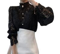 ORANDESIGNE Damen Langarm Spitze Top Bluse Shirt Leichtes Transparente Spitzenbluse Rundhals Tüll Mesh Bluse Durchsichtig Stickerei Blumen Spitze Oberteile U Schwarz 3XL