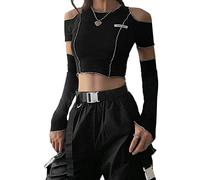 ORANDESIGNE Damen Langarm T-Shirt T2K Unregelmäßige Patchwork Crop Tops Frauen Aushöhlen Neckholder Crop Camis mit Halbarmhandschuhen Schulterfrei Harajuku Tee Shirt E-Girl Streetwear C Schwarz S