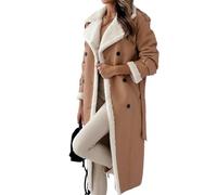 ORANDESIGNE Damen Lange Mäntel Umlegekragen Plüsch Patchwork Langarm Jacke Herbst Winter Kunstleder Woll Frauen Mäntel mit Gürtel Schwarz PU Lederjacken Streetwear A Khaki XS