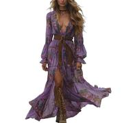 ORANDESIGNE Damen Langes Boho Kleid Vintage Rustikaler Stil V-Ausschnitt Kleid mit Blumenmuster Lässiges Maxikleid Frühling Langarm Blumenkleid Western Country Chiffonkleid K Violett XL