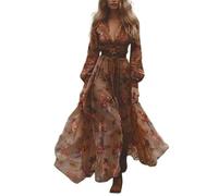 ORANDESIGNE Damen Langes Boho Kleid Vintage Rustikaler Stil V-Ausschnitt Kleid mit Blumenmuster Lässiges Maxikleid Frühling Langarm Blumenkleid Western Country Chiffonkleid XL E Braun
