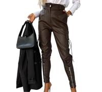 ORANDESIGNE Damen Lederhose Tapered PU Lederhose High Waist PU Leder Leggings Hose Schlanke Passform für Freizeit Party Kunstlederhosen A Braun M