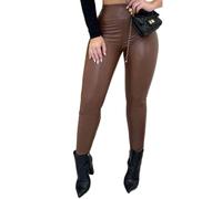 ORANDESIGNE Damen Leggings Kunstleder Hohe Taille Lederimitation Skinny Leder Optik Hoch Taillierte Sexy Hüfthose B Kaffee S