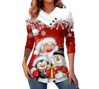 ORANDESIGNE Damen Longshirt Langarm Weihnachten Tunika V-Ausschnitt Lange Oberteile Bedruckte Longbluse T Shirt Casual Lose Elegant Pullover Bluse Sweatshirt Langarmshirt Tops G Rot 3XL