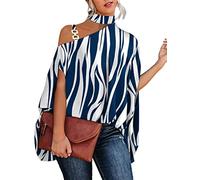 ORANDESIGNE Damen Loose Fledermaus Bluse mit Kurzen Flatter ärmel Leichte Fließende Bluse Hemd mit Schräger Schulter Poncho Tuniken B Blau 01 XXL