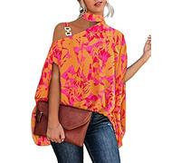 ORANDESIGNE Damen Loose Fledermaus Bluse mit Kurzen Flatter ärmel Leichte Fließende Bluse Hemd mit Schräger Schulter Poncho Tuniken B Orange 01 XXL