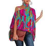 ORANDESIGNE Damen Loose Fledermaus Bluse mit Kurzen Flatter ärmel Leichte Fließende Bluse Hemd mit Schräger Schulter Poncho Tuniken B Rosarot 01 L
