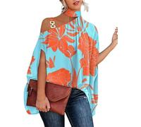 ORANDESIGNE Damen Loose Fledermaus Bluse mit Kurzen Flatter ärmel Leichte Fließende Bluse Hemd mit Schräger Schulter Poncho Tuniken B Blau 02 XL