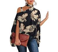 ORANDESIGNE Damen Loose Fledermaus Bluse mit Kurzen Flatter ärmel Leichte Fließende Bluse Hemd mit Schräger Schulter Poncho Tuniken B Schwarz 01 M