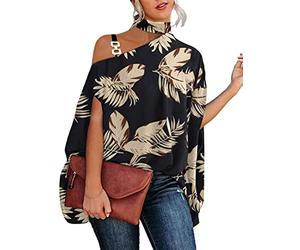 ORANDESIGNE Damen Loose Fledermaus Bluse mit Kurzen Flatter ärmel Leichte Fließende Bluse Hemd mit Schräger Schulter Poncho Tuniken B Schwarz 01 M