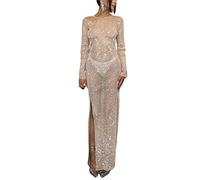 ORANDESIGNE Damen Mesh Strandkleider Sexy Durchsichtig Badeanzug Bikini Cover Up Rave Festival Club Midikleid Schwarz Transparent Kleid Unterkleid Streetwear Clubwear Z8 Beige XS