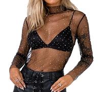 ORANDESIGNE Damen Netzstoff T-Shirt Rundhals Party Oberteil Glitzer-Top Kurzarm Durchsichtig Crop Top Transparent Bauchfrei T-Shirts Club Mesh Oberteile Bluse Tunika XL M Schwarz