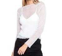 ORANDESIGNE Damen Netzstoff T-Shirt Rundhals Party Oberteil Glitzer-Top Kurzarm Durchsichtig Crop Top Transparent Bauchfrei T-Shirts Club Mesh Oberteile Bluse Tunika K Weiß L
